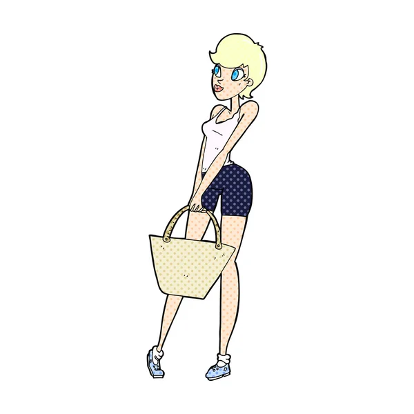 Γελοιογραφία κωμικό ελκυστική γυναίκα ψώνια — Διανυσματικό Αρχείο