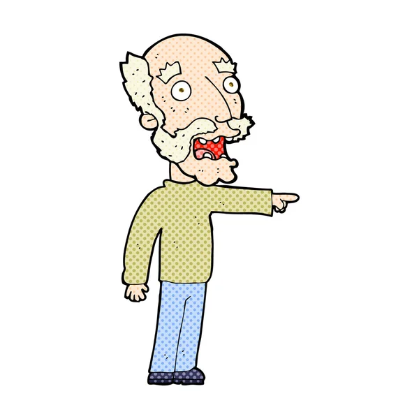 Comic cartoon scared old man pointing — Stock Vector
