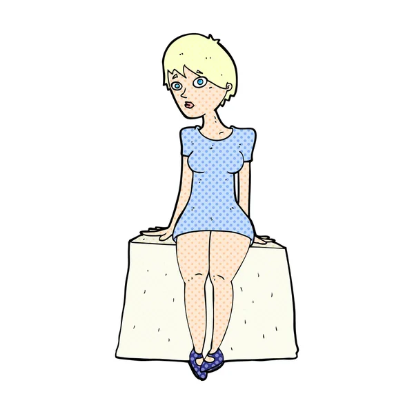 Bande dessinée femme curieuse assis — Image vectorielle