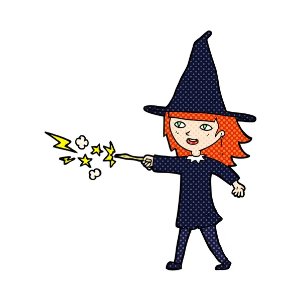 Comic cartoon witch girl casting spell — Stock Vector