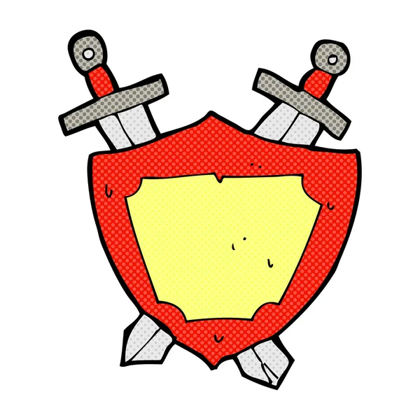 Escudo de banda desenhada cômico e espadas — Vetor de Stock