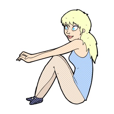 komik karikatür mutlu kadın oturuyordu