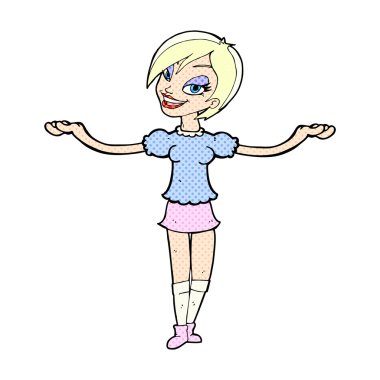 komik karikatür kadın açık kol hareketi yapma