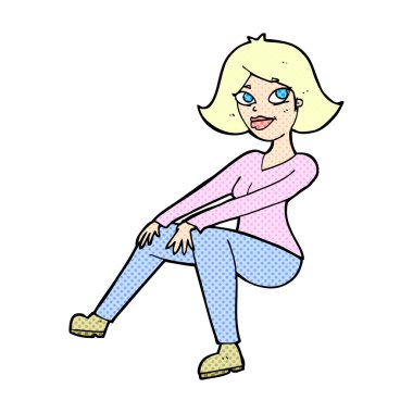 komik karikatür happywoman oturma