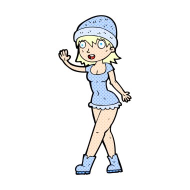 şapka sallayarak komik karikatür güzel kız