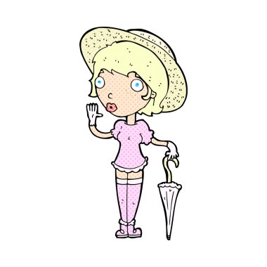 Yaz şapka sallayarak içinde komik karikatür kadın