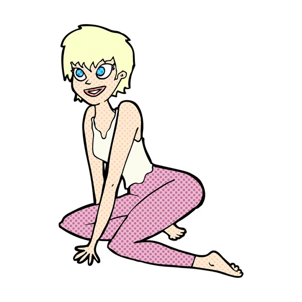 Historieta de dibujos animados mujer feliz sentado en el suelo — Vector de stock