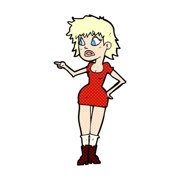 Strip cartoon bezorgd vrouw in jurk wijzen — Stockvector