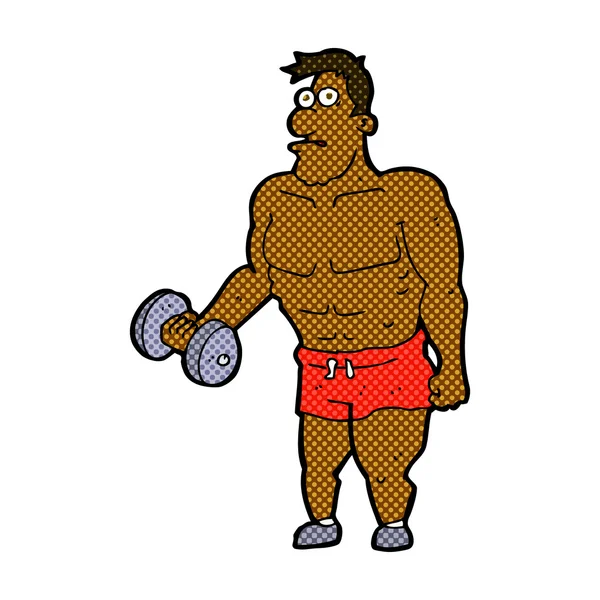 Comic cartoon man lifting weights — Stock Vector