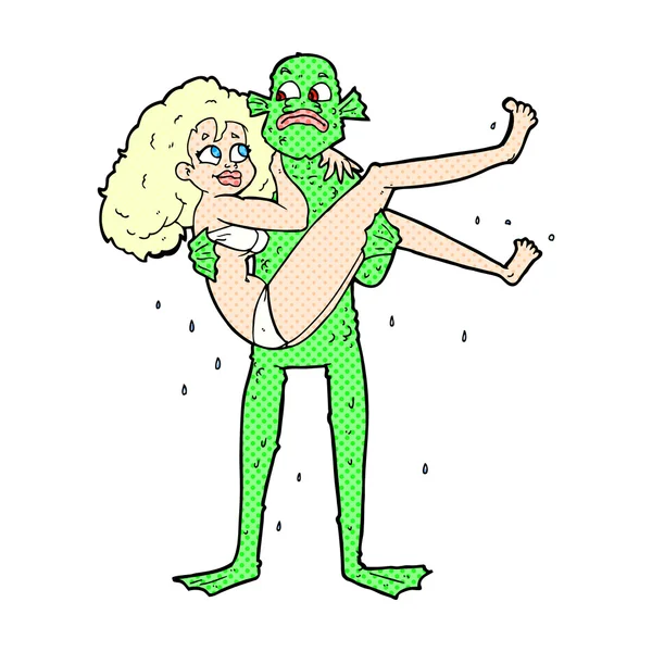 Komiks kreskówka swamp potwór prowadzenie kobiety w bikini — Wektor stockowy