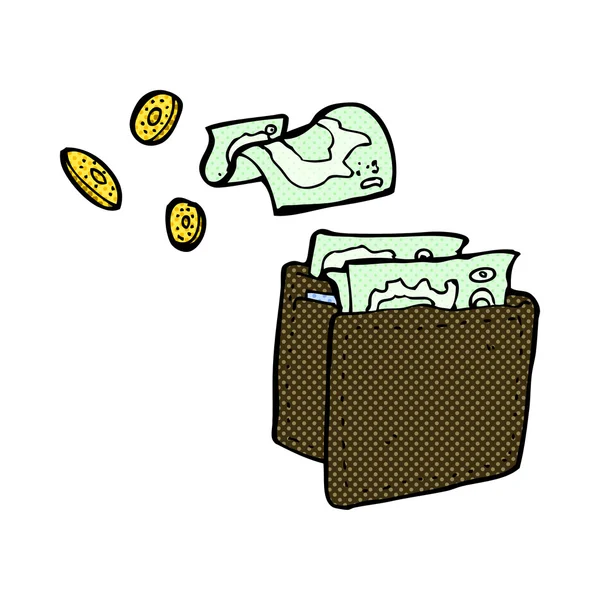 Carteira de banda desenhada cômica derramando dinheiro — Vetor de Stock