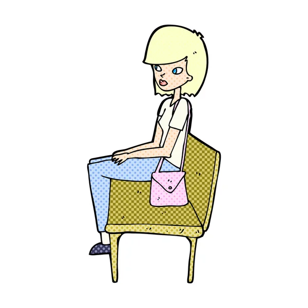 Komiska tecknade kvinnan sitter på bänken — Stock vektor