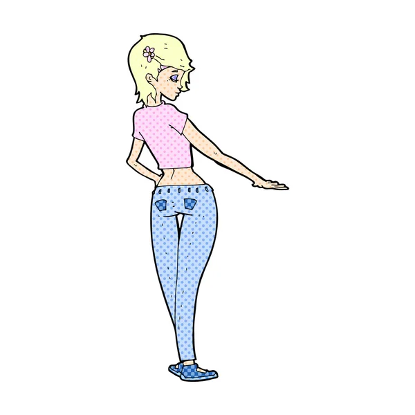 Cómic de dibujos animados chica bonita en jeans y tee — Vector de stock