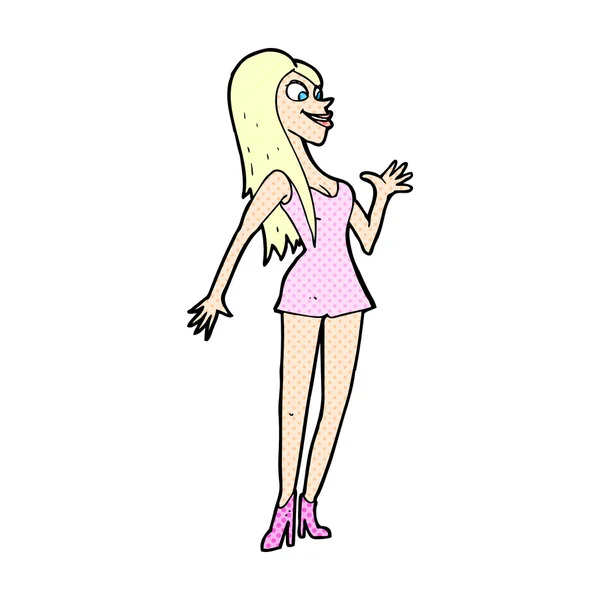 Γελοιογραφία κωμικό γυναίκα σε ροζ φόρεμα — Διανυσματικό Αρχείο