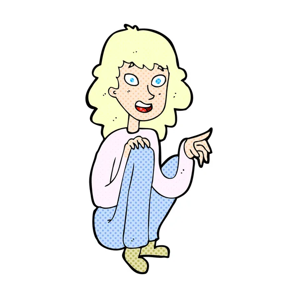Bande dessinée femme heureuse assis et pointant du doigt — Image vectorielle