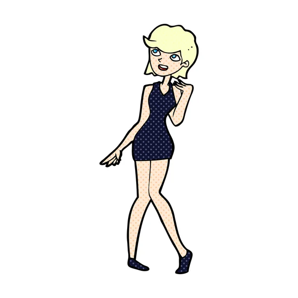 Γελοιογραφία κωμικό γυναίκα στο φόρεμα κοκτέιλ — Διανυσματικό Αρχείο