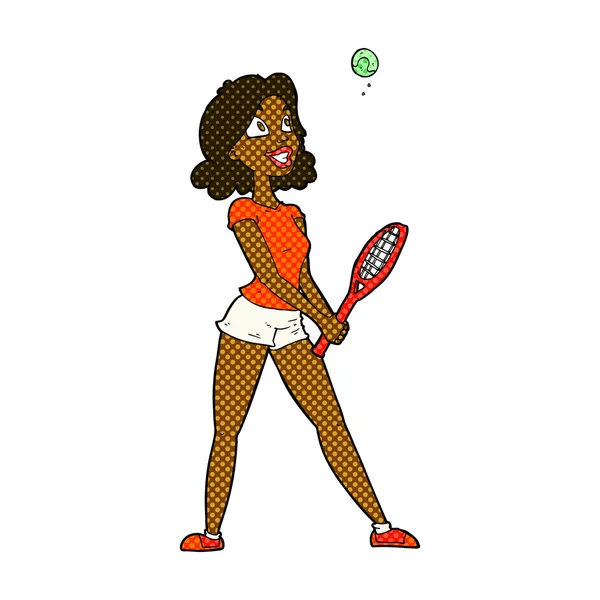 Comic cartoon woman playing tennis — Stock Vector