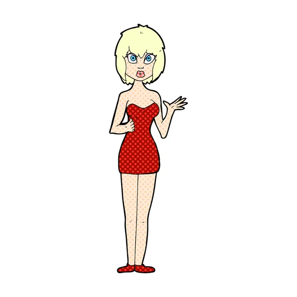 Strip cartoon verward vrouw in cocktail jurk — Stockvector