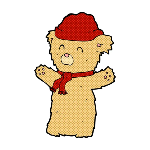Comic cartoon teddy bear in hat and scarf — Stock Vector