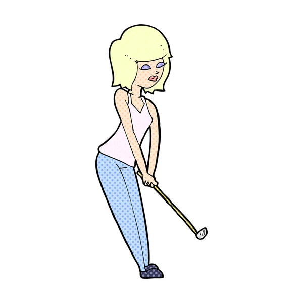 Historieta mujer jugando al golf — Vector de stock