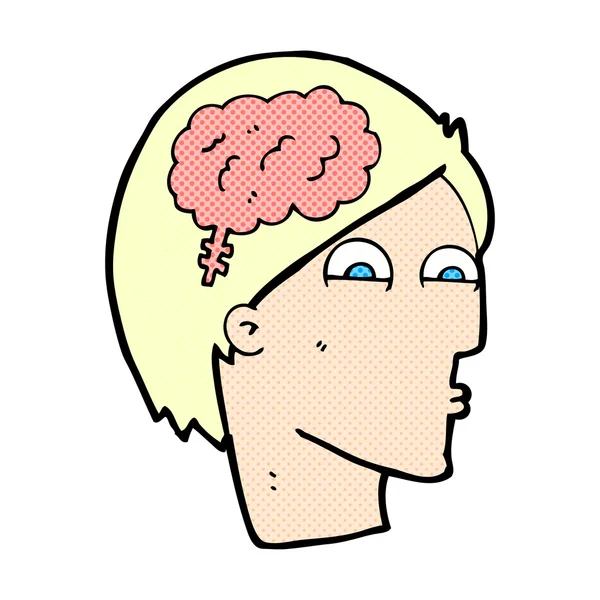 Cabeça de desenho animado cômico com símbolo de cérebro —  Vetores de Stock