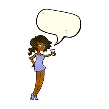 Konuşma baloncuğuyla partideki karikatür kadın.