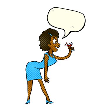 Konuşma baloncuğu ile içki içen çizgi film kadını.