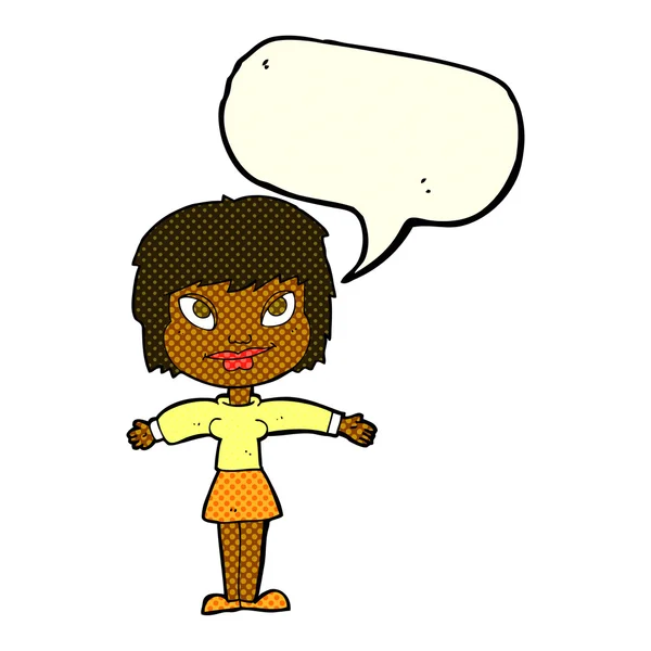 Γελοιογραφία γυναίκα με ανοιχτή amrs με το συννεφάκι λόγου — Διανυσματικό Αρχείο