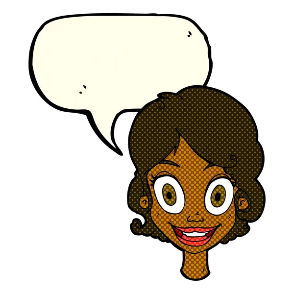 Cartoon gelukkig vrouw met spraak zeepbel — Stockvector