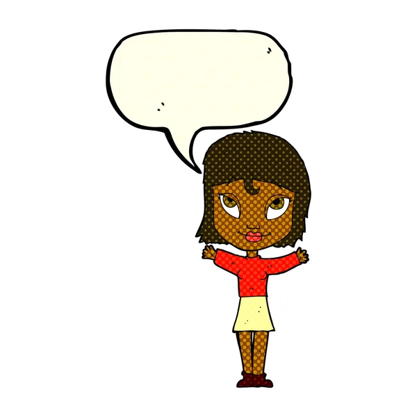 Femme dessin animé à bras ouverts avec bulle de parole — Image vectorielle