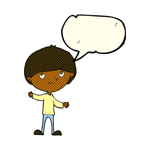Karikatur glücklicher Junge mit Sprechblase — Stockvektor