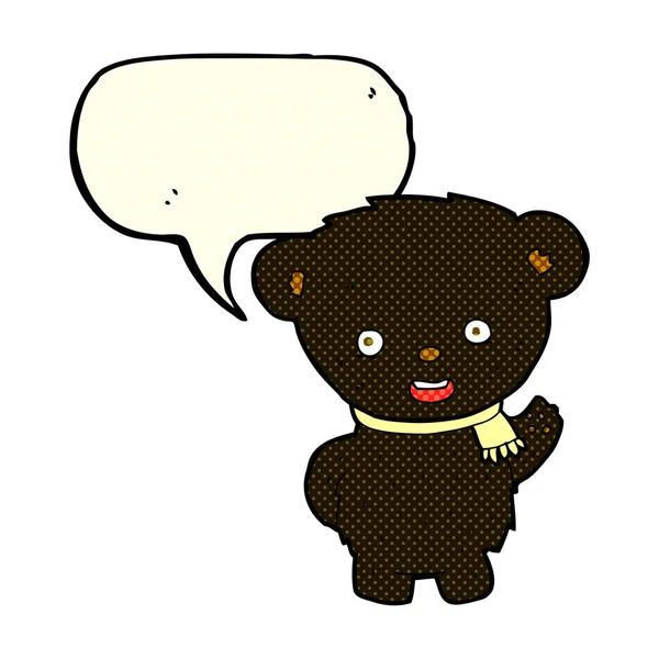 Cartoon black bear waving with speech bubble — Stock Vector