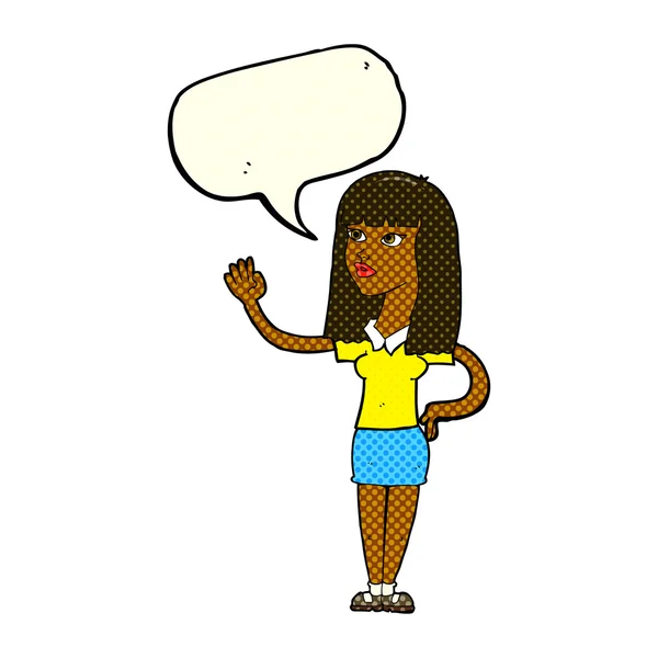 Dibujos animados mujer bonita ondeando con la burbuja del habla — Vector de stock