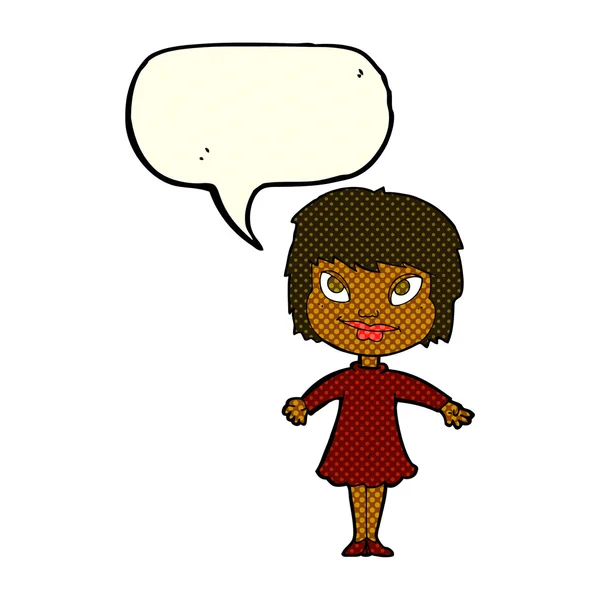 Cartoon menina encolhendo ombros com bolha de fala — Vetor de Stock