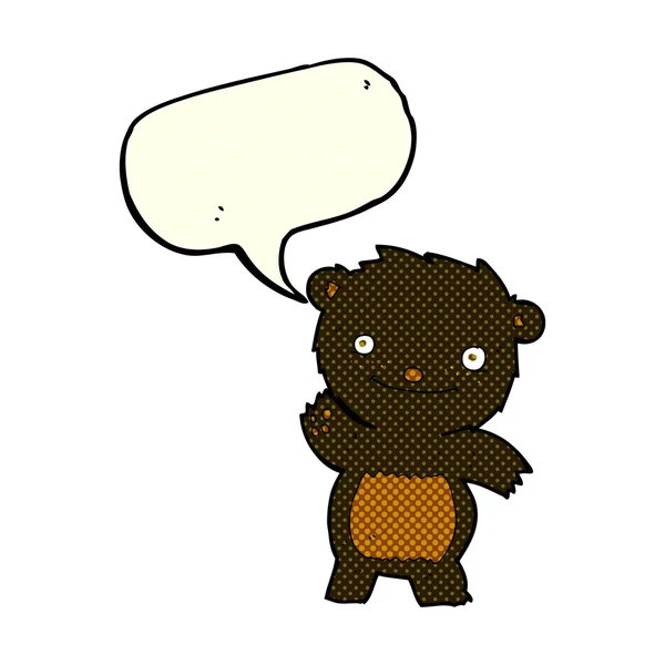 Cartoon waving black bear cub with speech bubble — Stock Vector