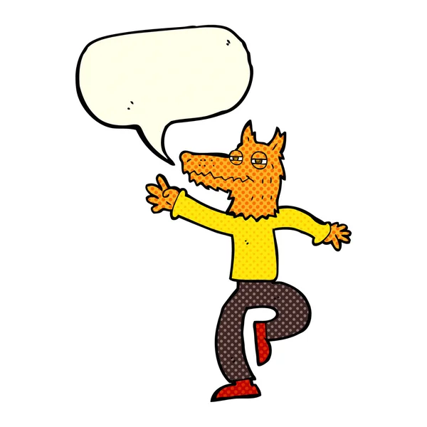Dibujos animados hombre zorro feliz con burbuja de habla — Archivo Imágenes Vectoriales