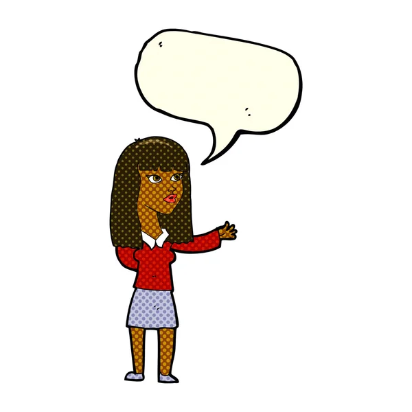 Cartoon vrouw gebaren om aan te tonen van iets met tekstballon — Stockvector