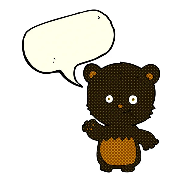 Cartoon black bearcub waving with speech bubble — Stock Vector