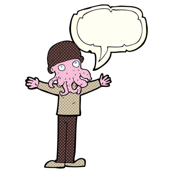 Caricatura alien calamar cara hombre con el habla burbuja — Archivo Imágenes Vectoriales