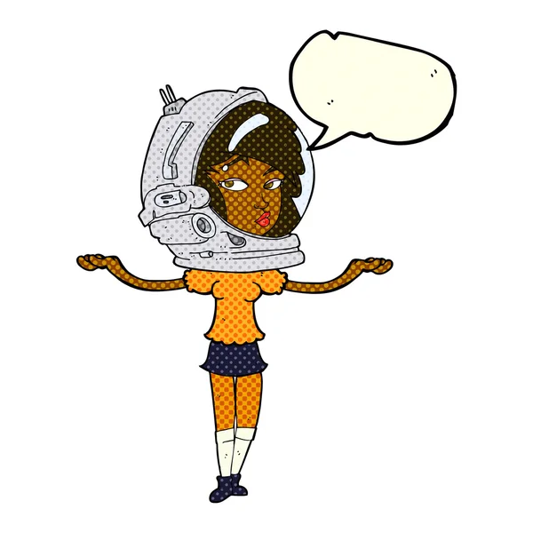 Cartoon-Frau trägt Weltraumhelm mit Sprechblase — Stockvektor