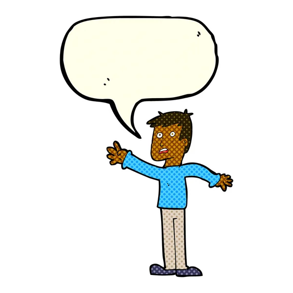 Мультфильм обеспокоенный человек достигая с мыльным пузырем речи — стоковый вектор