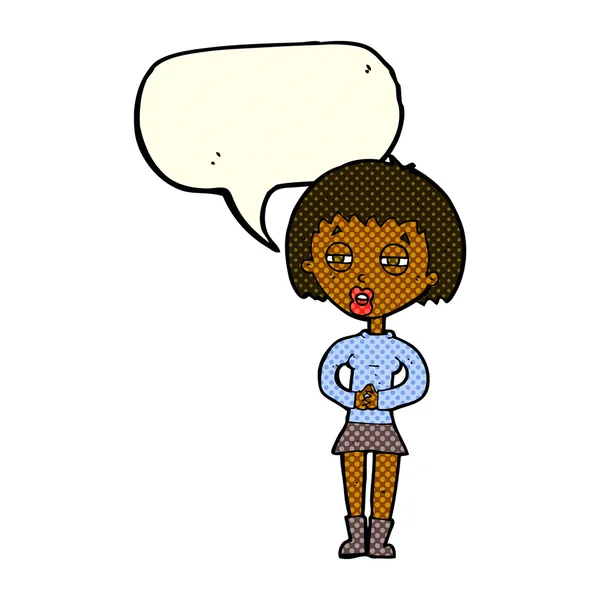 Karikatür şüpheli kız konuşma balonu ile — Stok Vektör