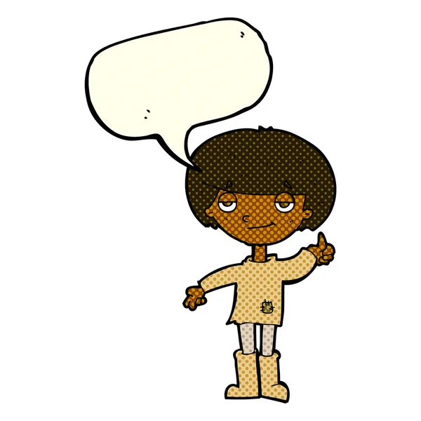 Niño de dibujos animados en ropa pobre dando pulgares hacia arriba símbolo con el habla — Archivo Imágenes Vectoriales