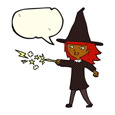 Çizgi film cadısı kız konuşma balonuyla büyü yapıyor.