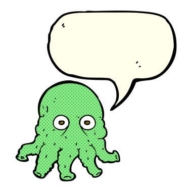 Konuşma balonlu uzaylı mürekkep balığı suratlı çizgi film.