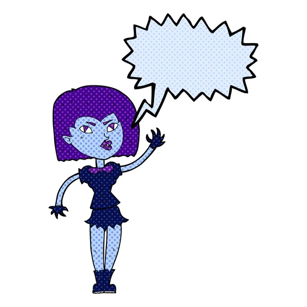 Cartone animato bella ragazza vampiro con la bolla discorso — Vettoriale Stock