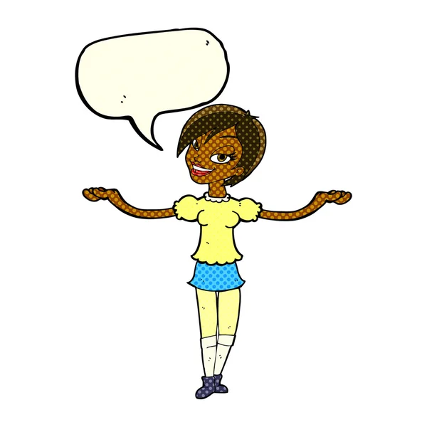 Cartoon woman making open arm gesture with speech bubble — Stock Vector