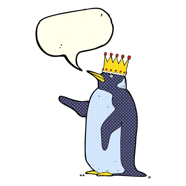 Cartoon pinguïn dragen kroon met tekstballon — Stockvector
