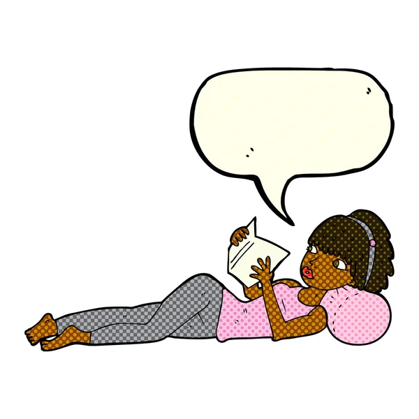 Dessin animé jolie femme lecture livre avec bulle de parole — Image vectorielle
