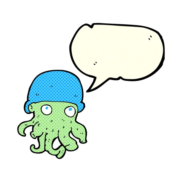 Dibujos animados cabeza alienígena usando sombrero con burbuja de habla — Archivo Imágenes Vectoriales